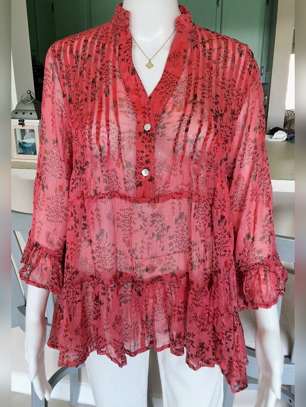 Stunning Coral/Red Floral Long Sleeve SemiSheer Tunic Indian Boho -One Size-NWOT